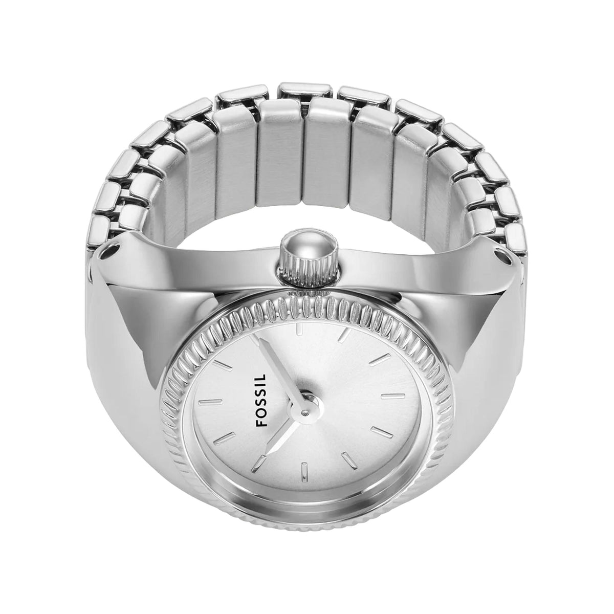 Silver-tone ring watch with white dial and chain-link style band