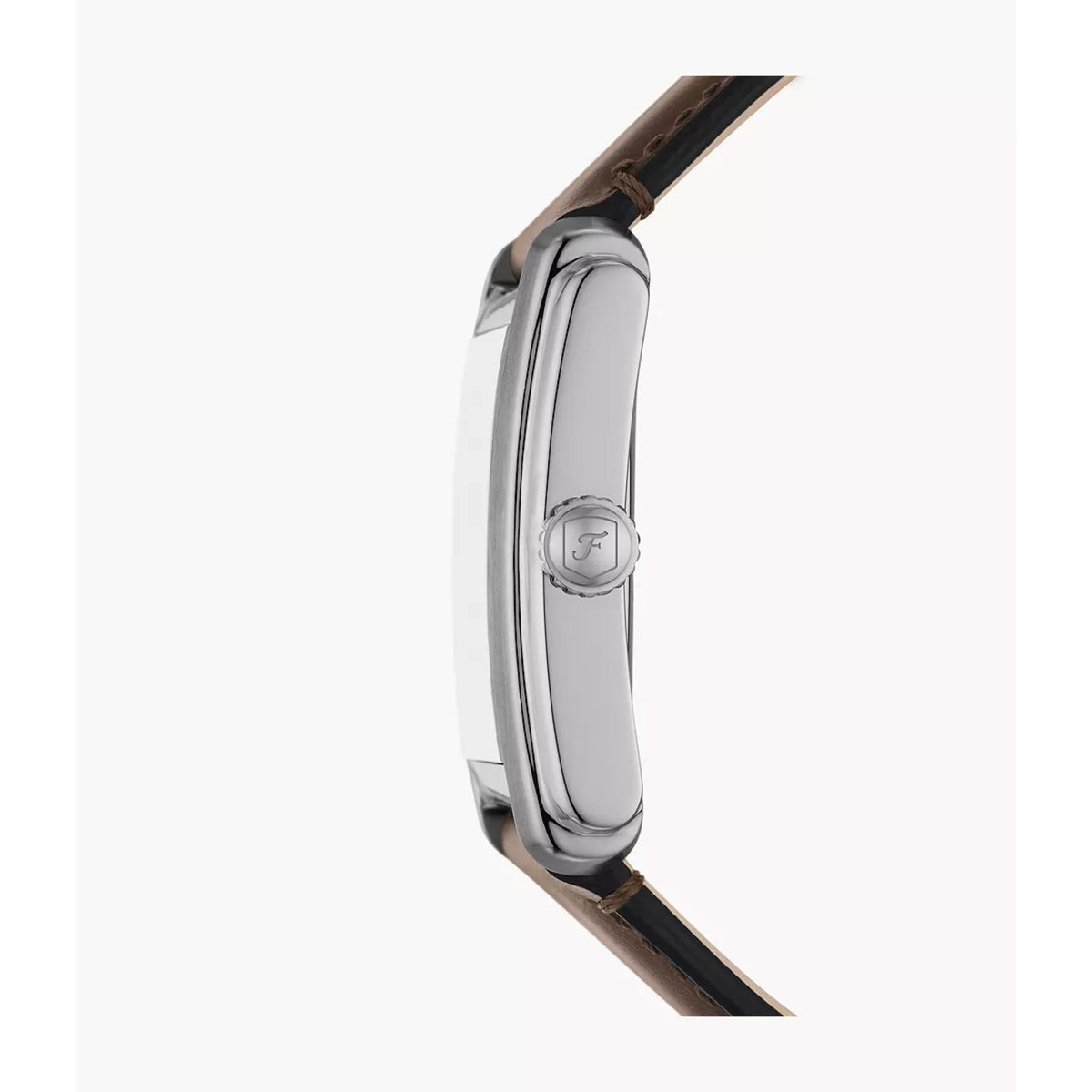 Side perspective of the Fossil Carraway FS6012 timepiece detailing the stainless steel case profile and textured crown