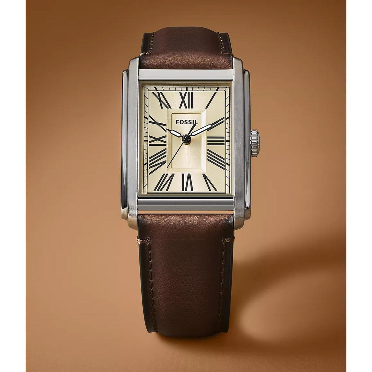 Front view of the Fossil Carraway FS6012 watch showcasing the cream dial, Roman numeral hour markers, and brown leather strap