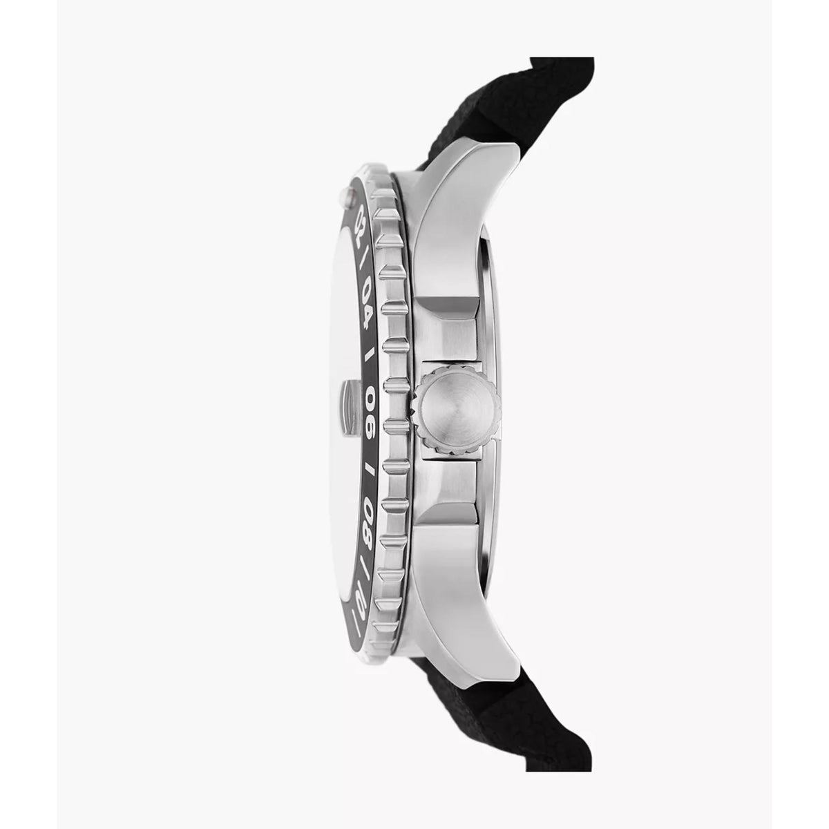 Side profile of the Fossil Blue GMT FS6036 watch highlighting the coin-edge 24-hour bezel, stainless steel case, and textured crown