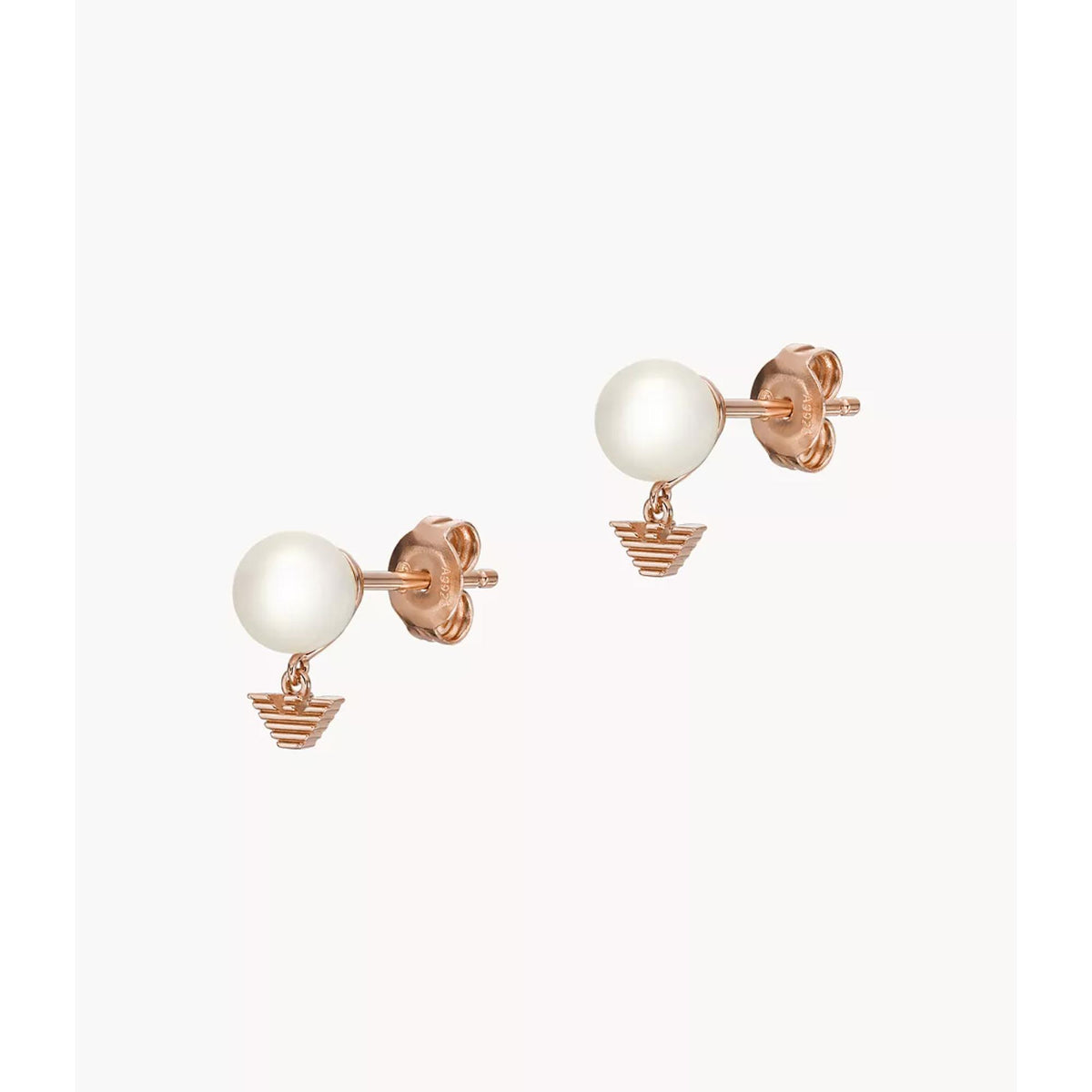 White pearl stud earrings with rose-gold back and geometric dangle