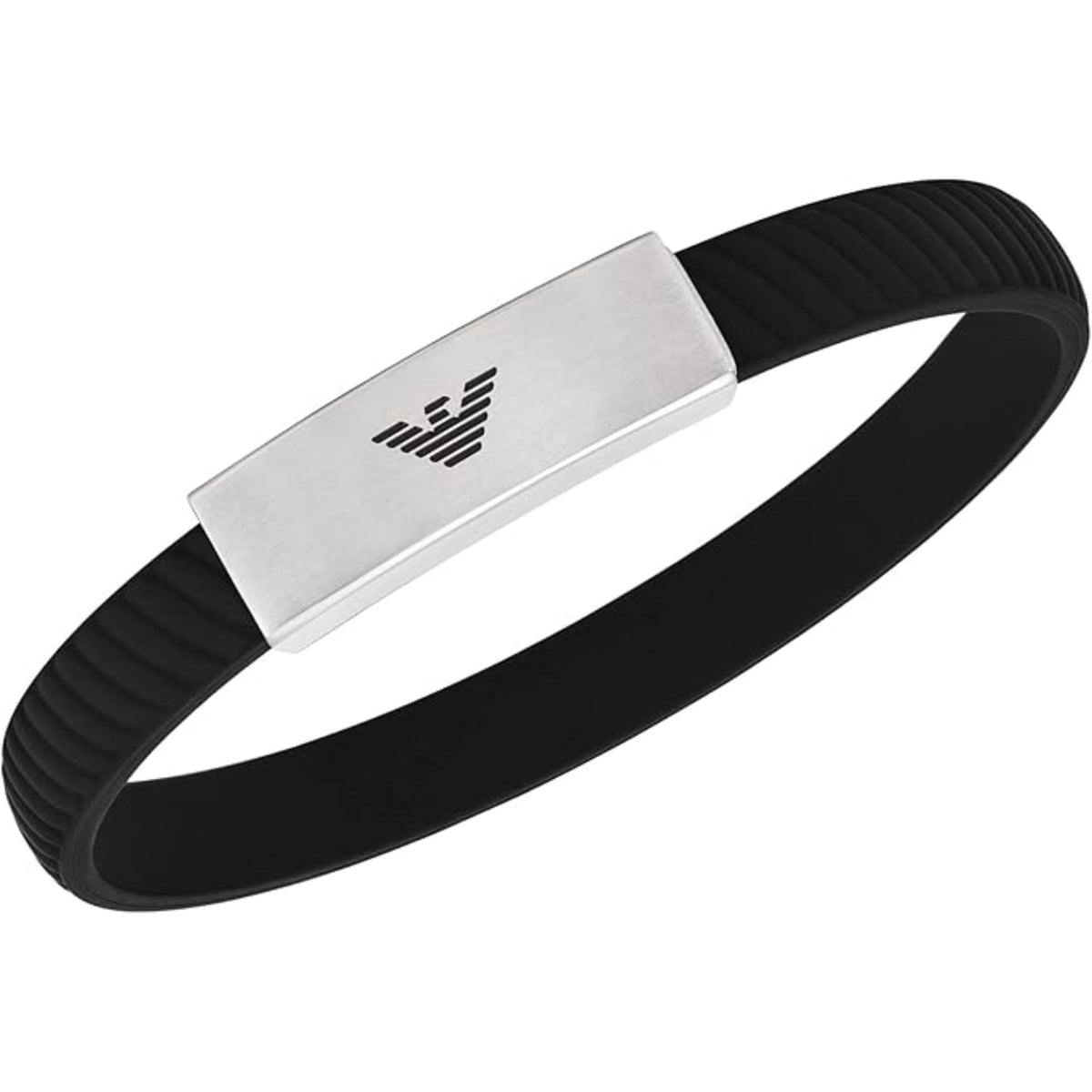 Emporio Armani ID bracelet featuring rectangular polished steel centerpiece with engraved logo