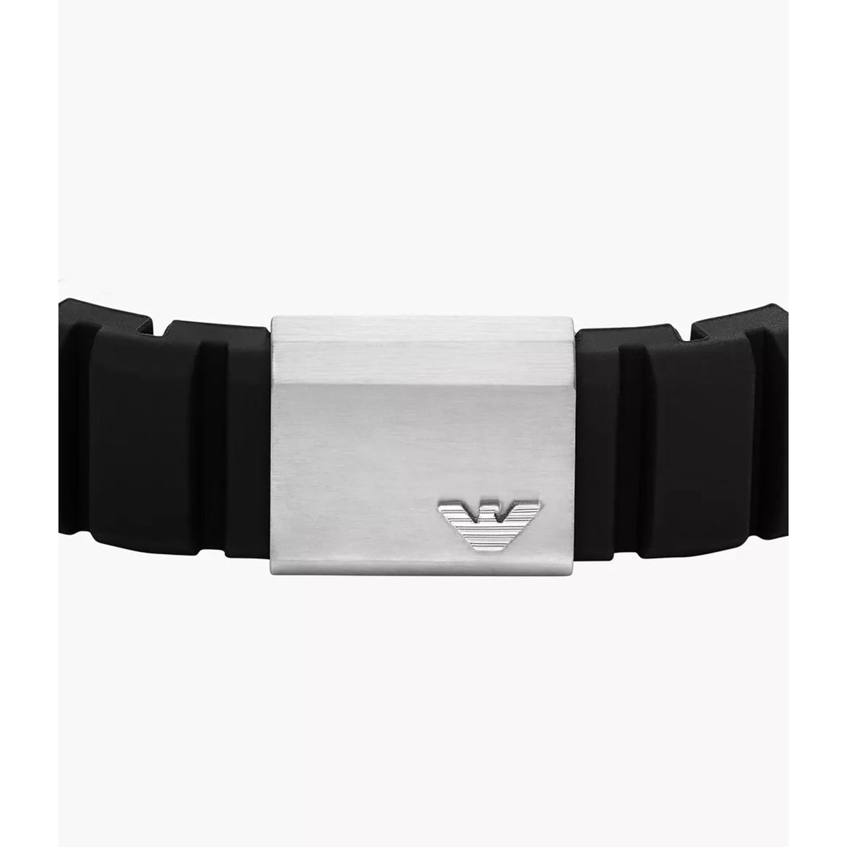 Stainless steel ID clasp on black silicone bracelet with engraved logo detail