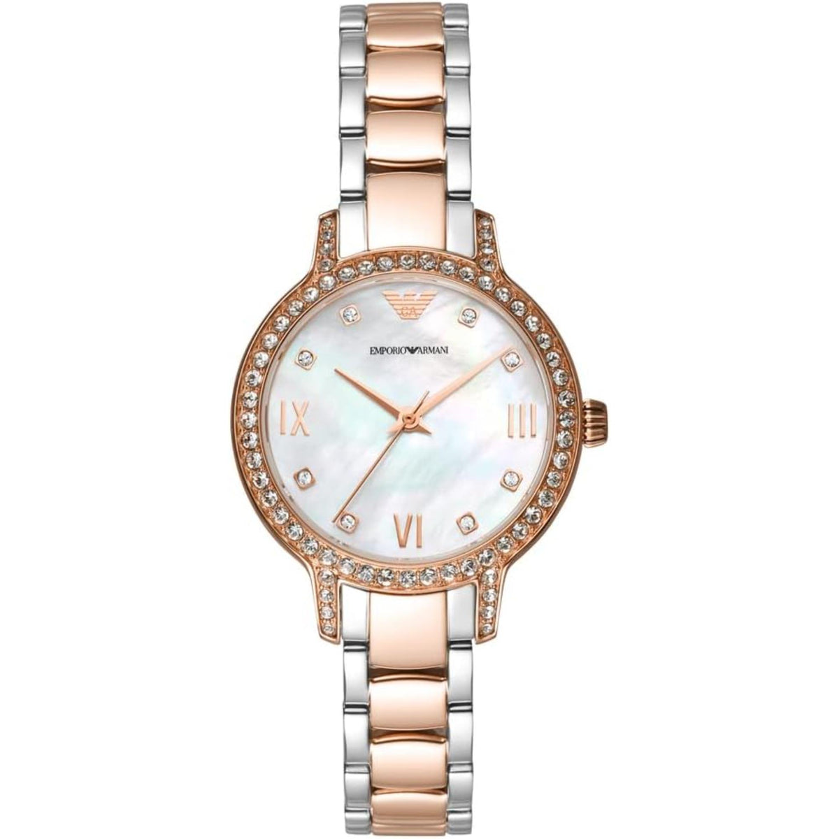 Emporio Armani Cleo watch: white mother-of-pearl dial, diamond bezel, two-tone bracelet