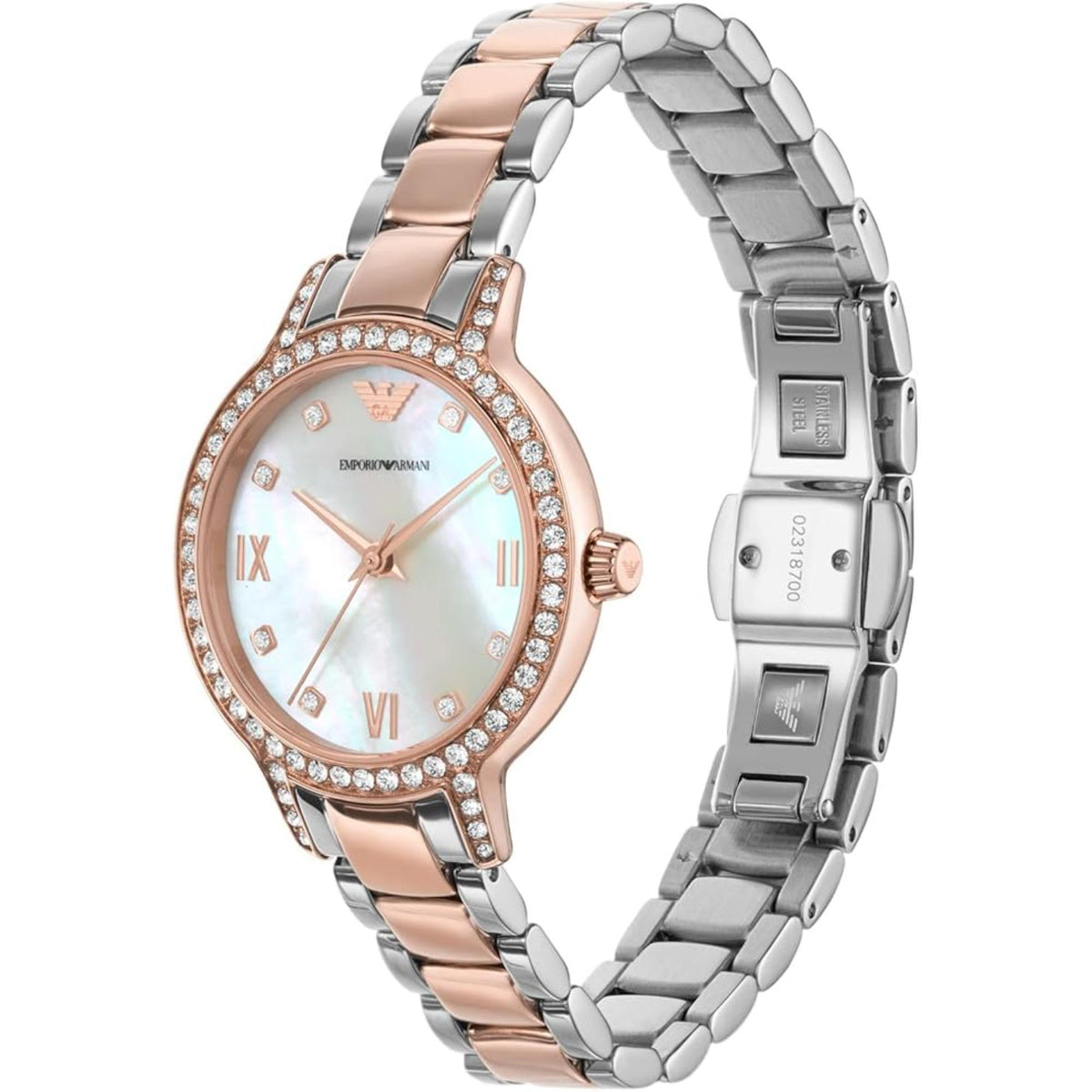 Emporio Armani Cleo watch side view with rose-tone case, crystal bezel, two-tone bracelet