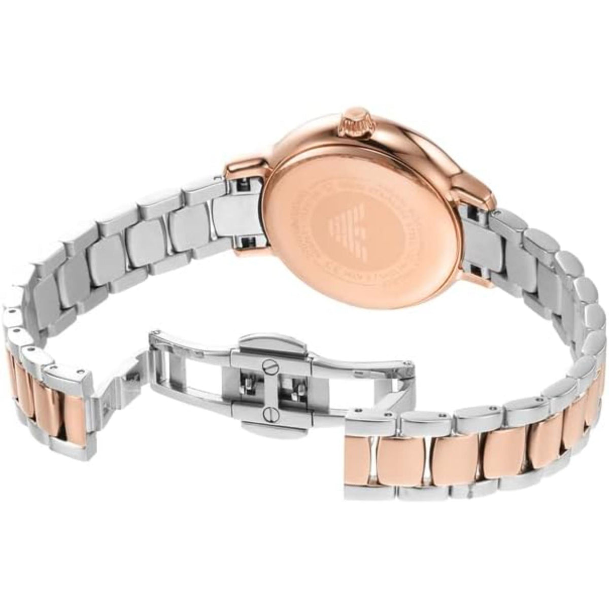 Emporio Armani Cleo watch back view with rose gold-toned caseback and two-tone clasp bracelet