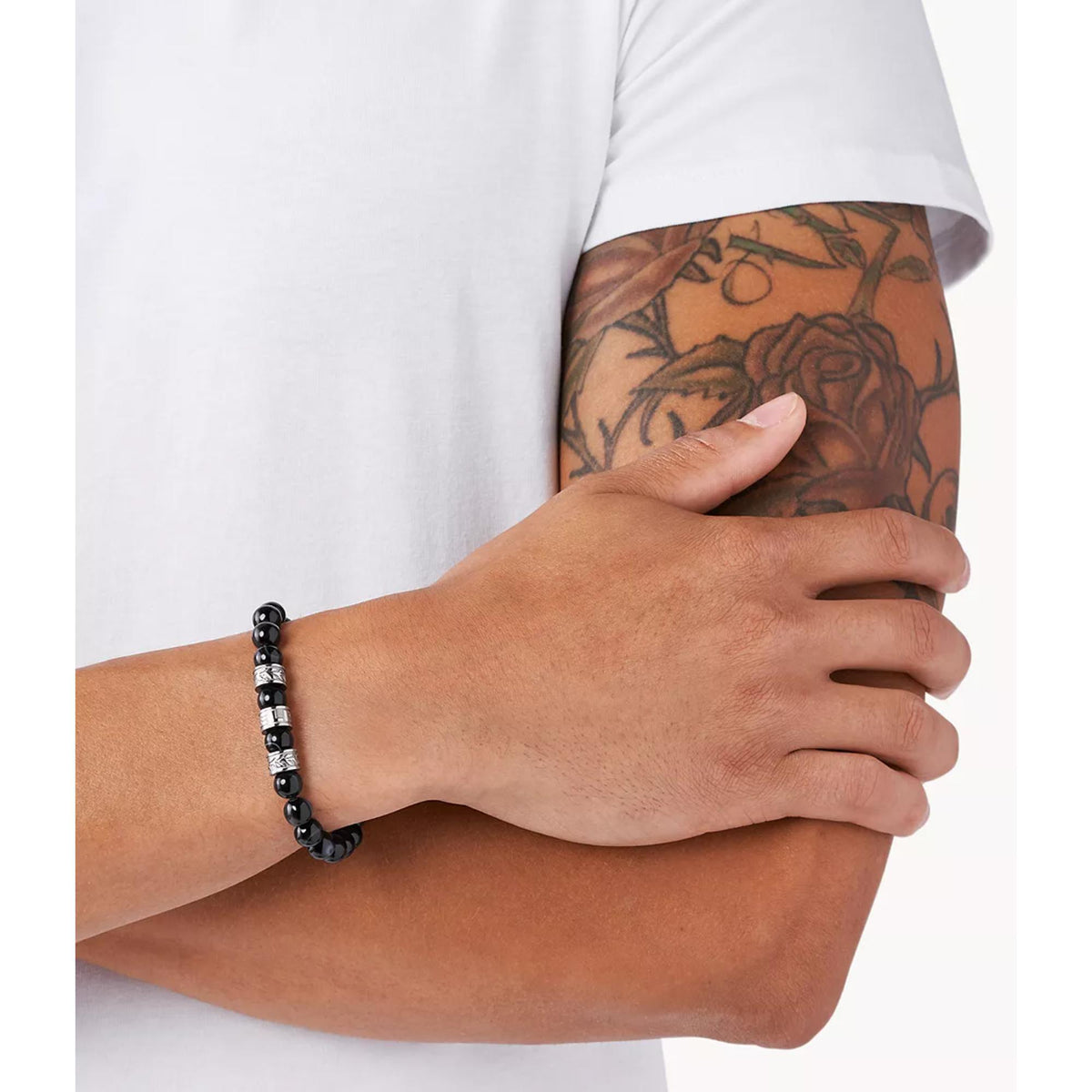 Diesel Stainless Steel and Black Line Agate Bead Men's Bracelet DX1101040 worn on a mans wrist