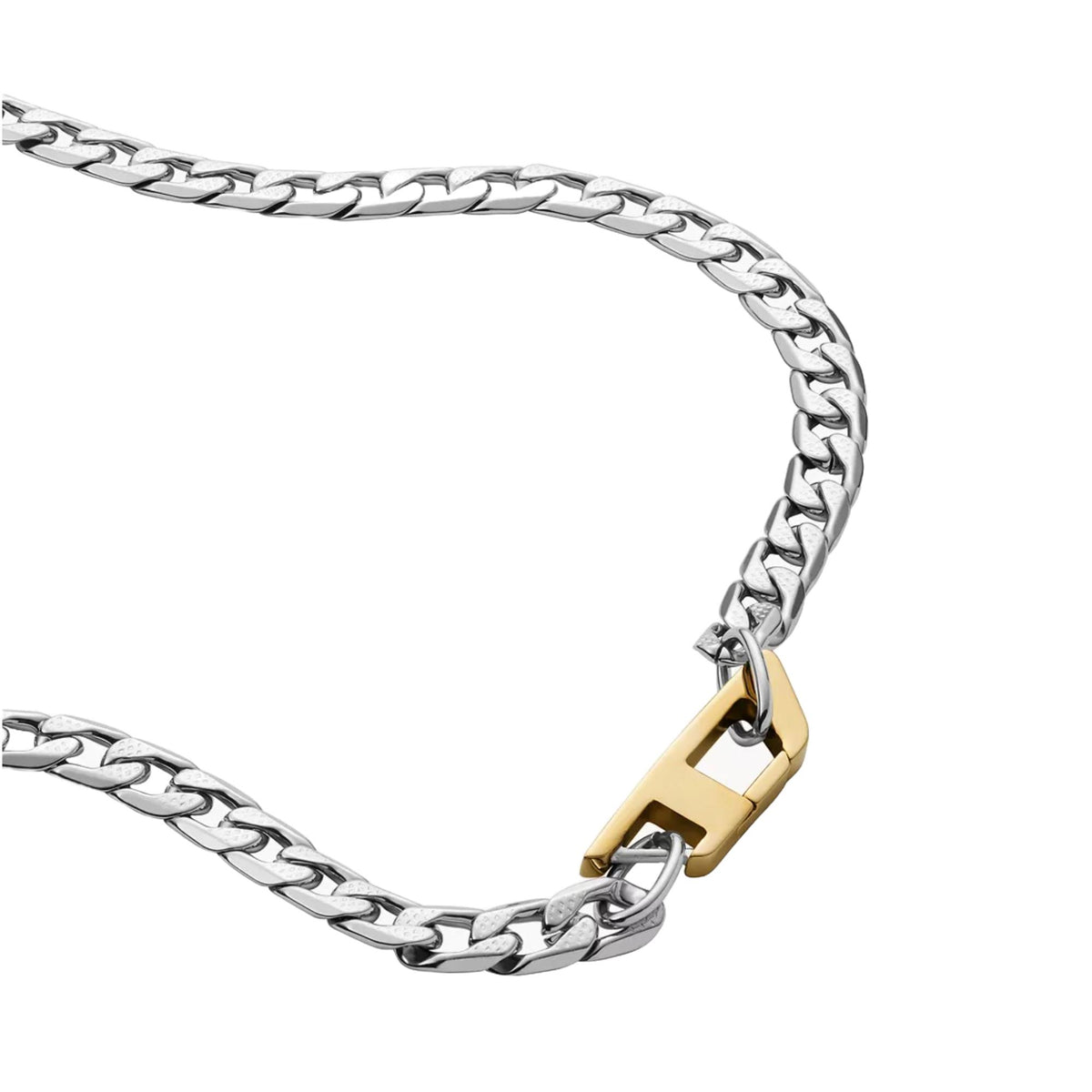 Stainless steel chain necklace with gold clasp bar and box-link accent