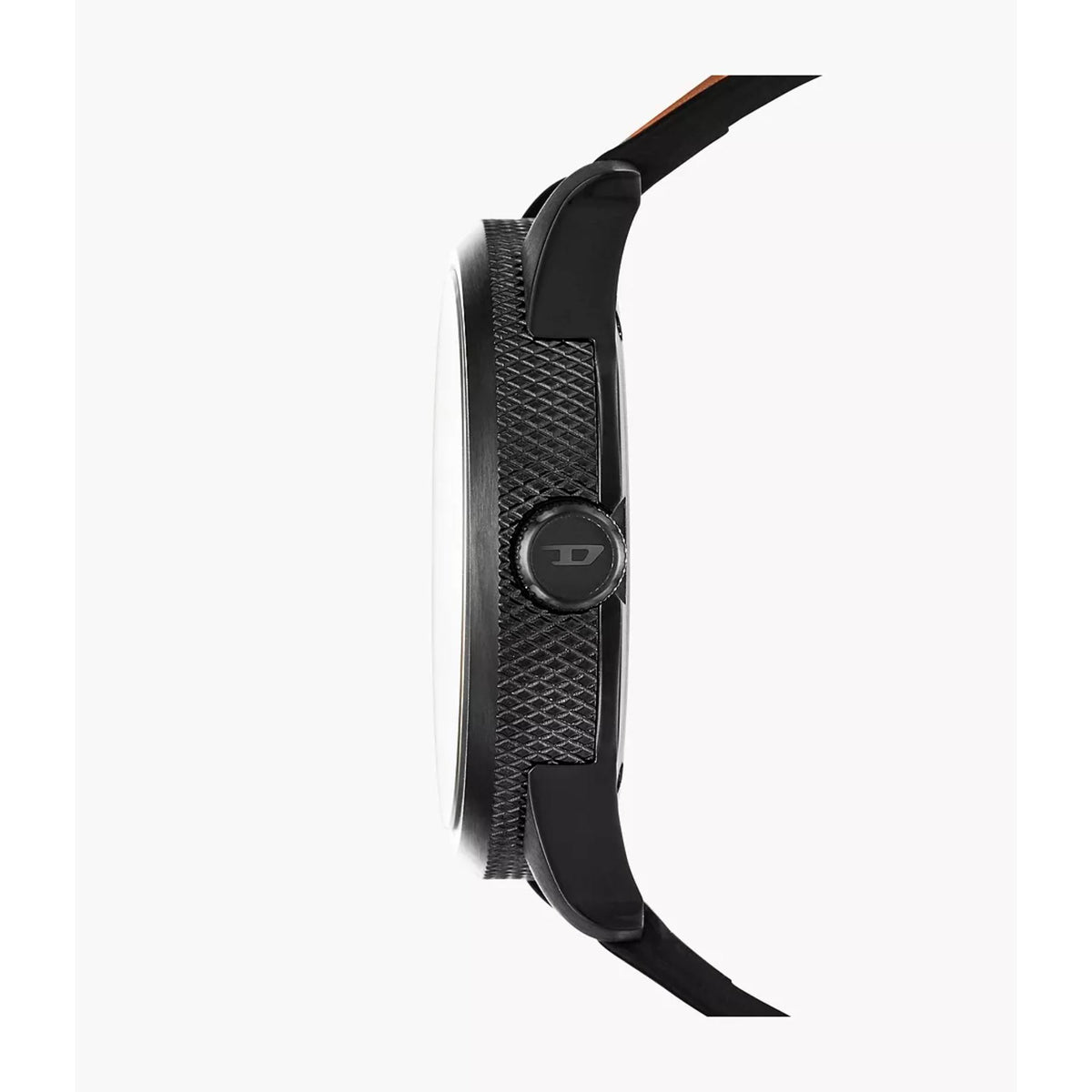 Men's quartz watch side view, black textured bezel, crown, dark leather strap