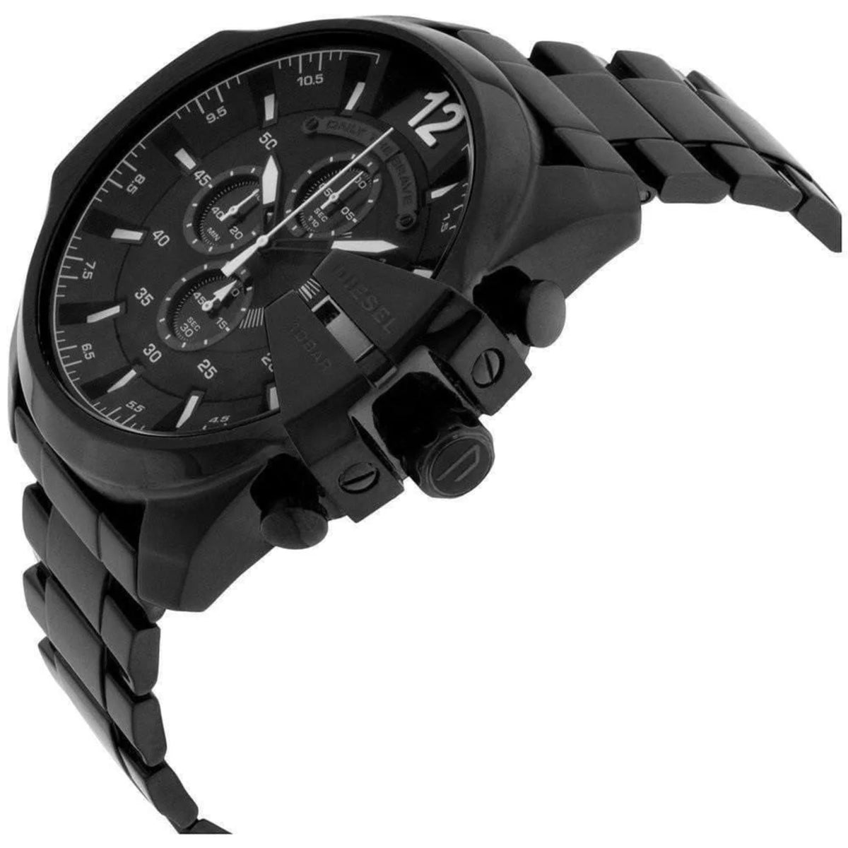 Diesel Mega Chief chronograph watch angled view with black dial, subdials, and steel bracelet.