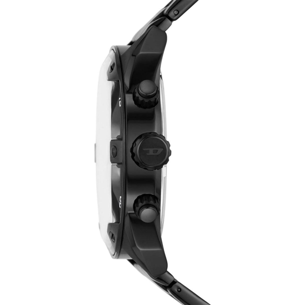 Black steel mens quartz watch case and crown with link bracelet, side view