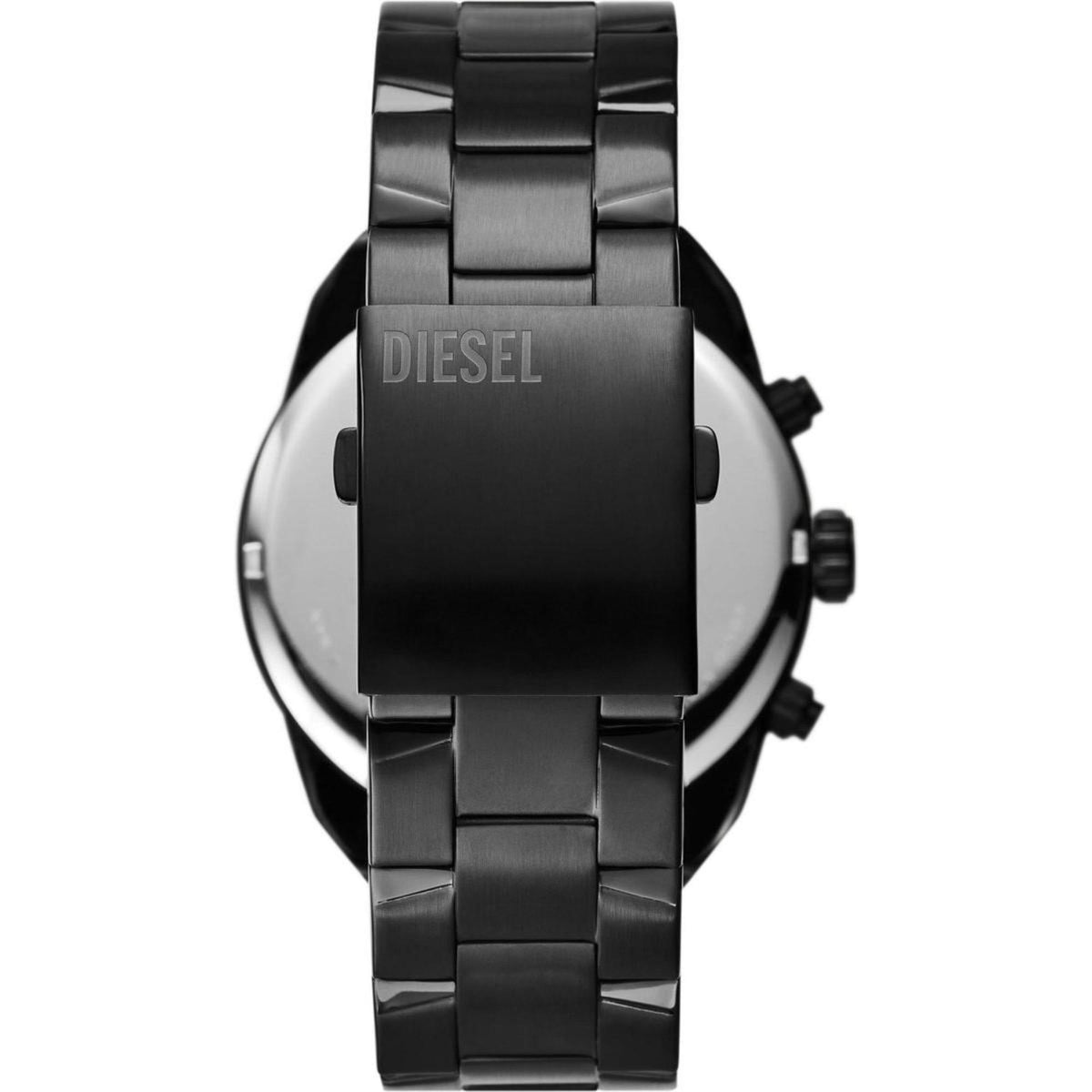 Black mens quartz watch with steel bracelet and embossed brand text, angled view