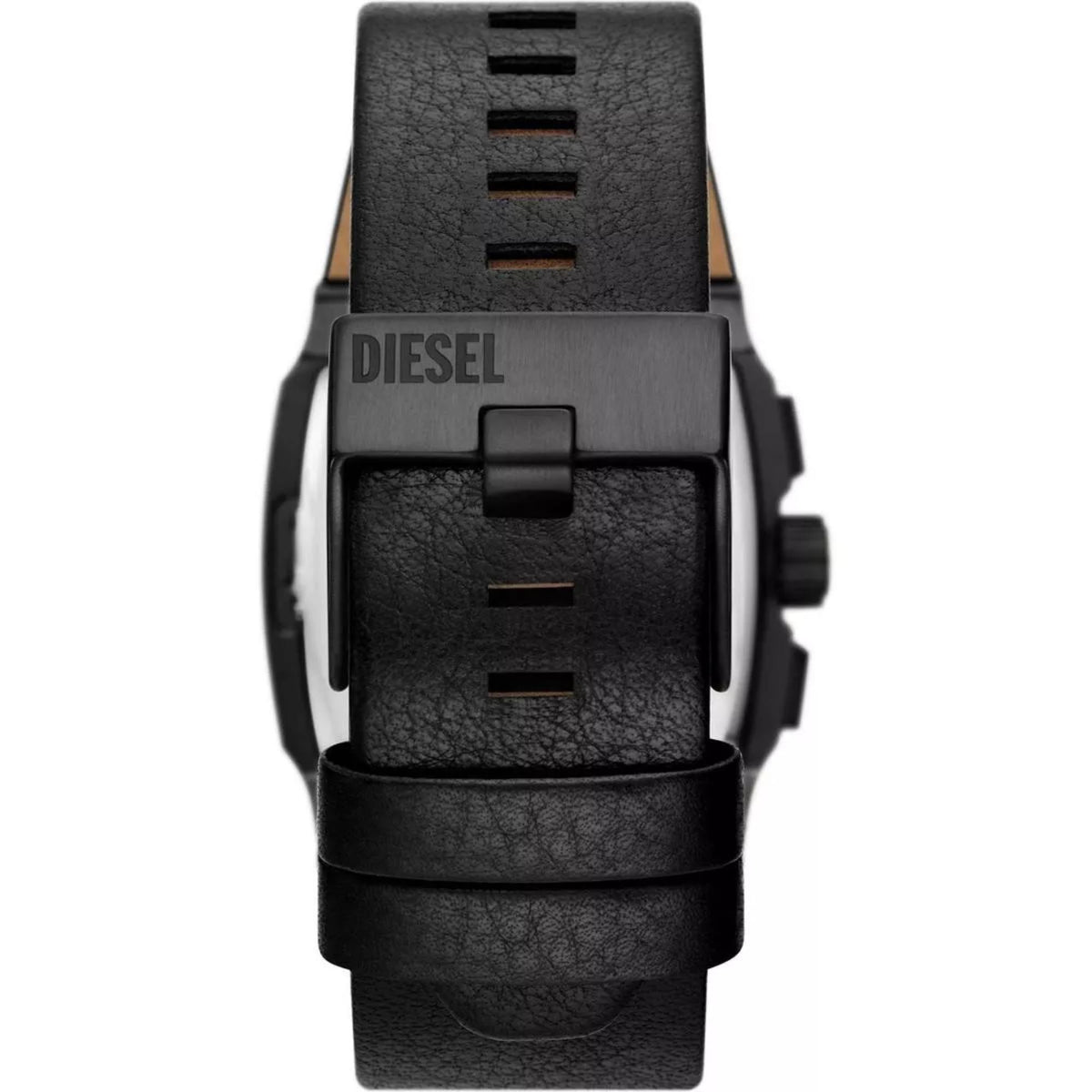 Black leather wristwatch with DIESEL branding on buckle and exposed chronograph pushers