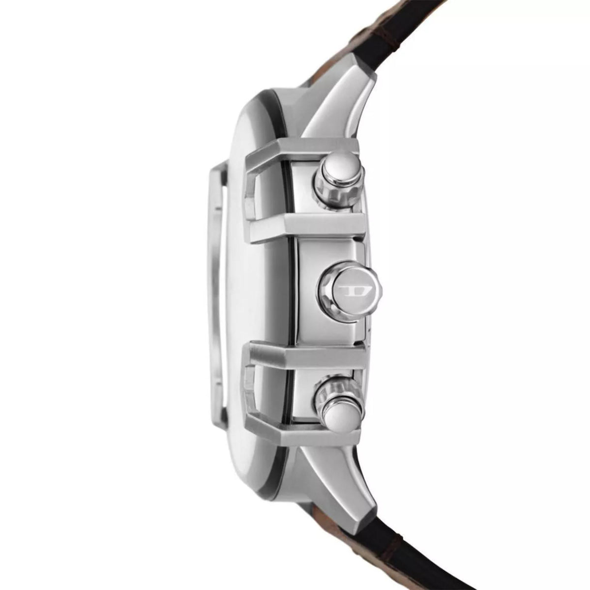 Stainless steel chronograph watch case with dark leather strap, side profile