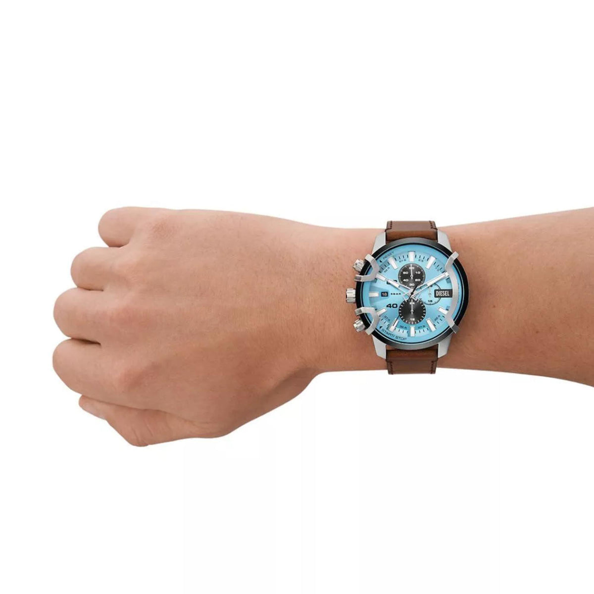 Men's blue dial chronograph quartz watch with brown leather strap on wrist