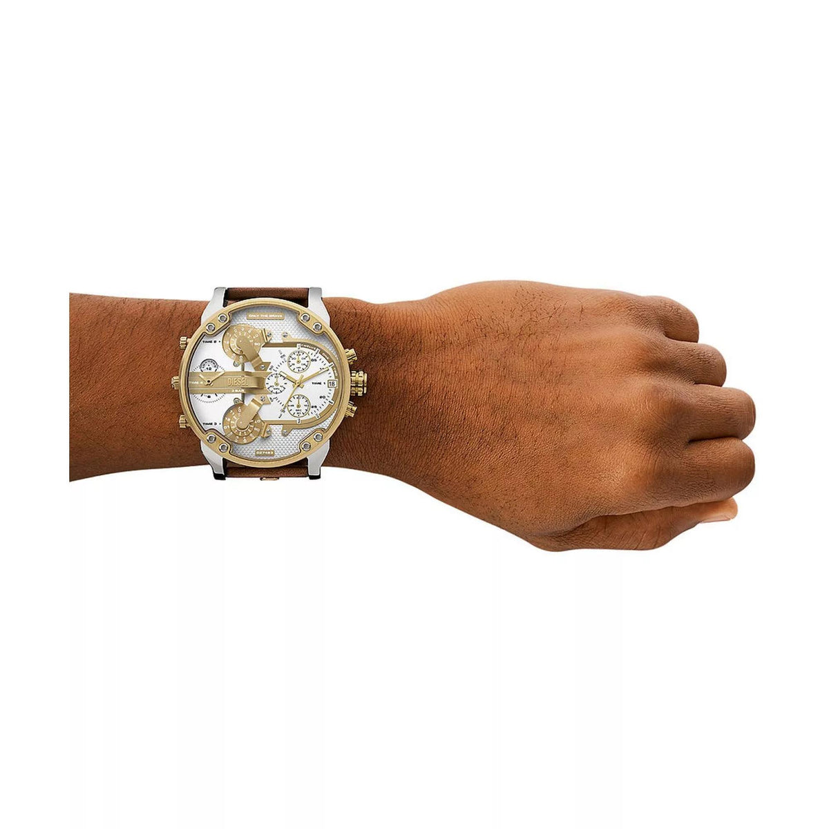 Men's Diesel chronograph watch on wrist, silver dial with brown leather strap