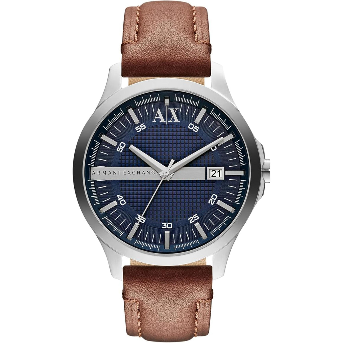 Armani Exchange Hampton AX2133 front view showing blue dial with silver case and leather strap