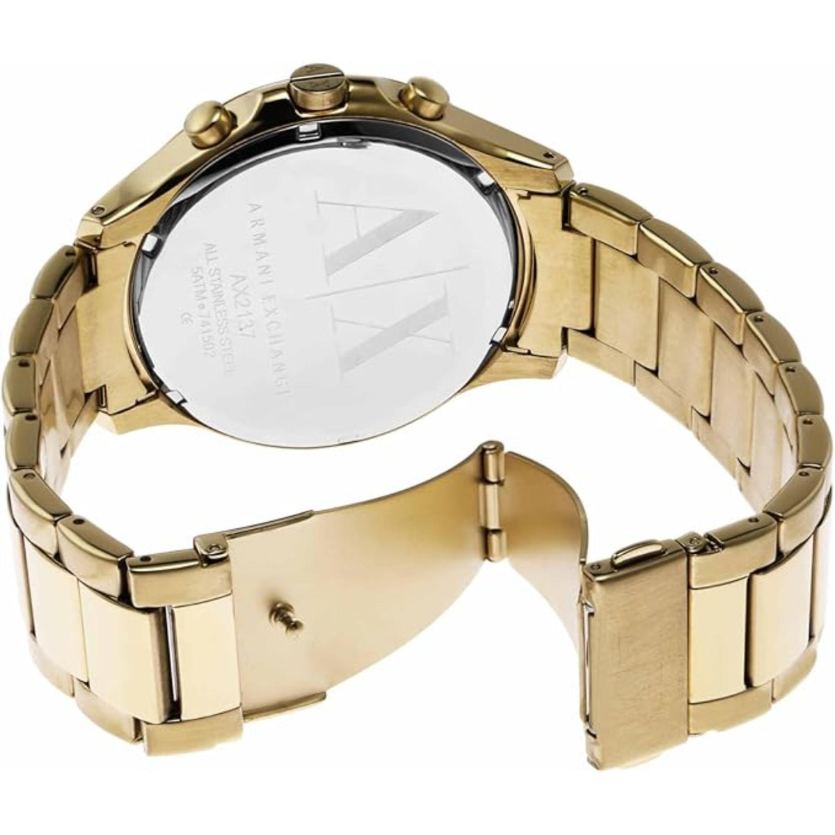 Armani Exchange Hampton AX2137 back case display showing engraved logo with open deployment clasp