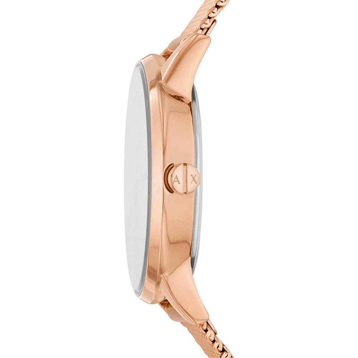 Rose-gold case wristwatch profile with smooth bezel and engraved back