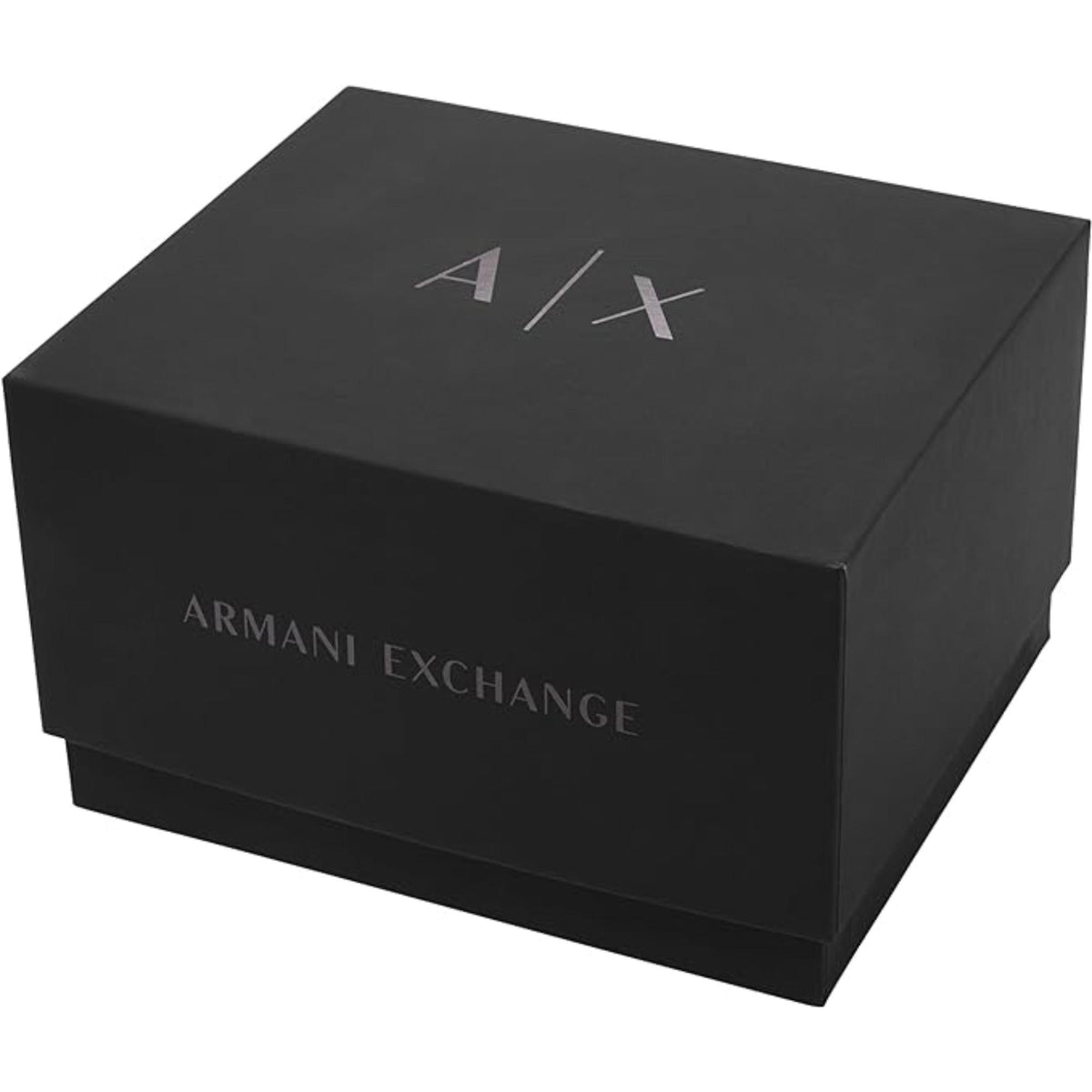 Black Armani Exchange watch gift box with A|X logo on the lid