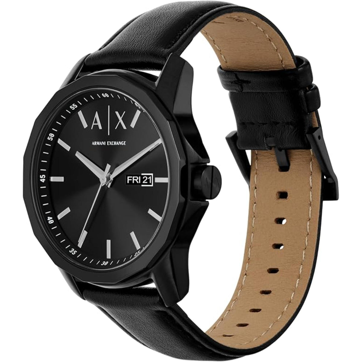 Black dial quartz watch with black leather strap and steel case, day-date window