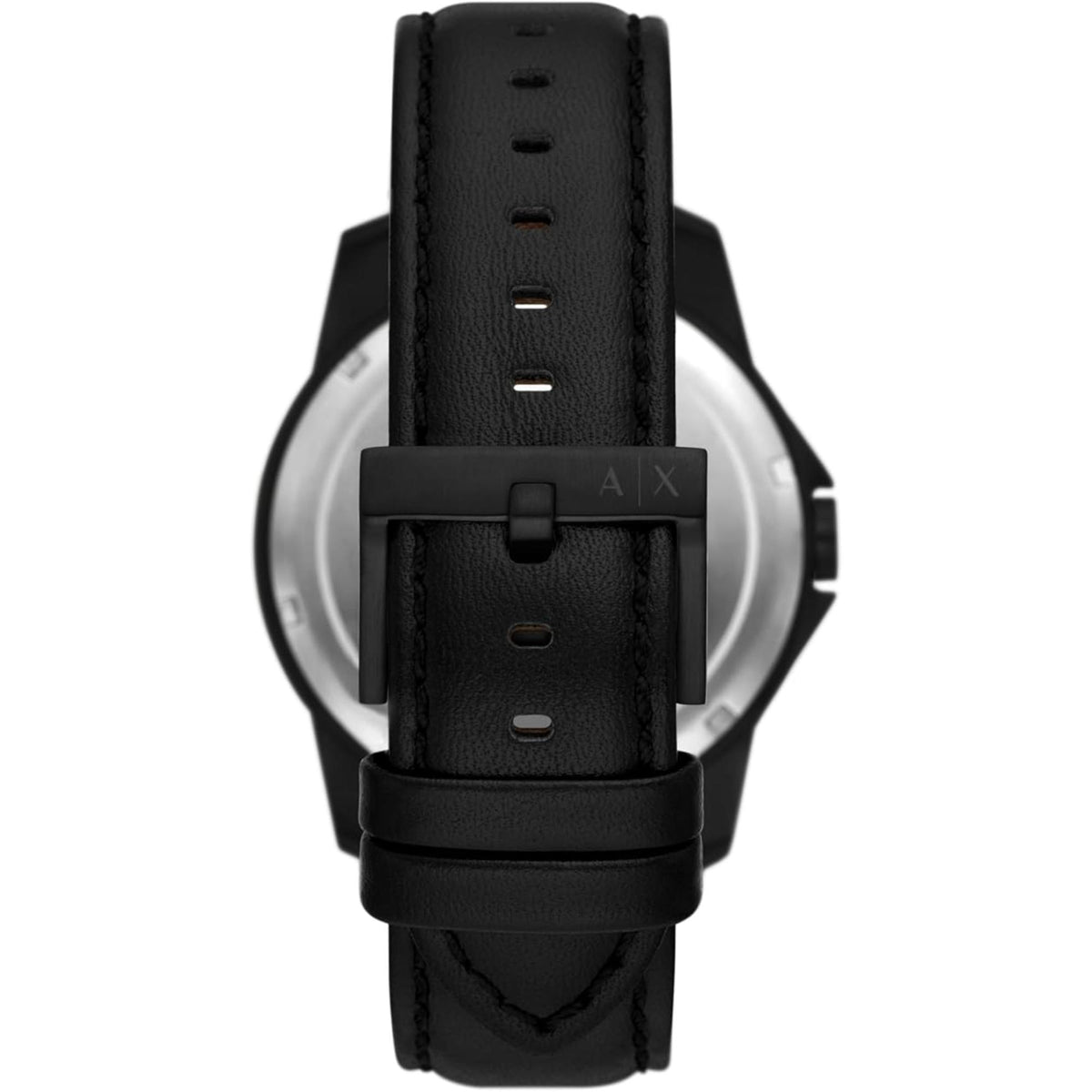 Black leather watch strap with buckle and visible day-date case front