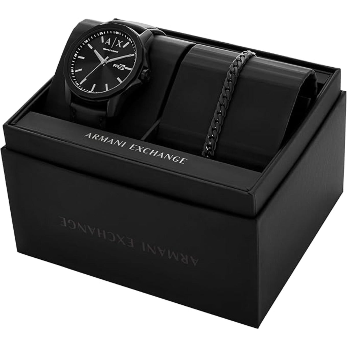 Quartz watch in black presentation box with black leather strap