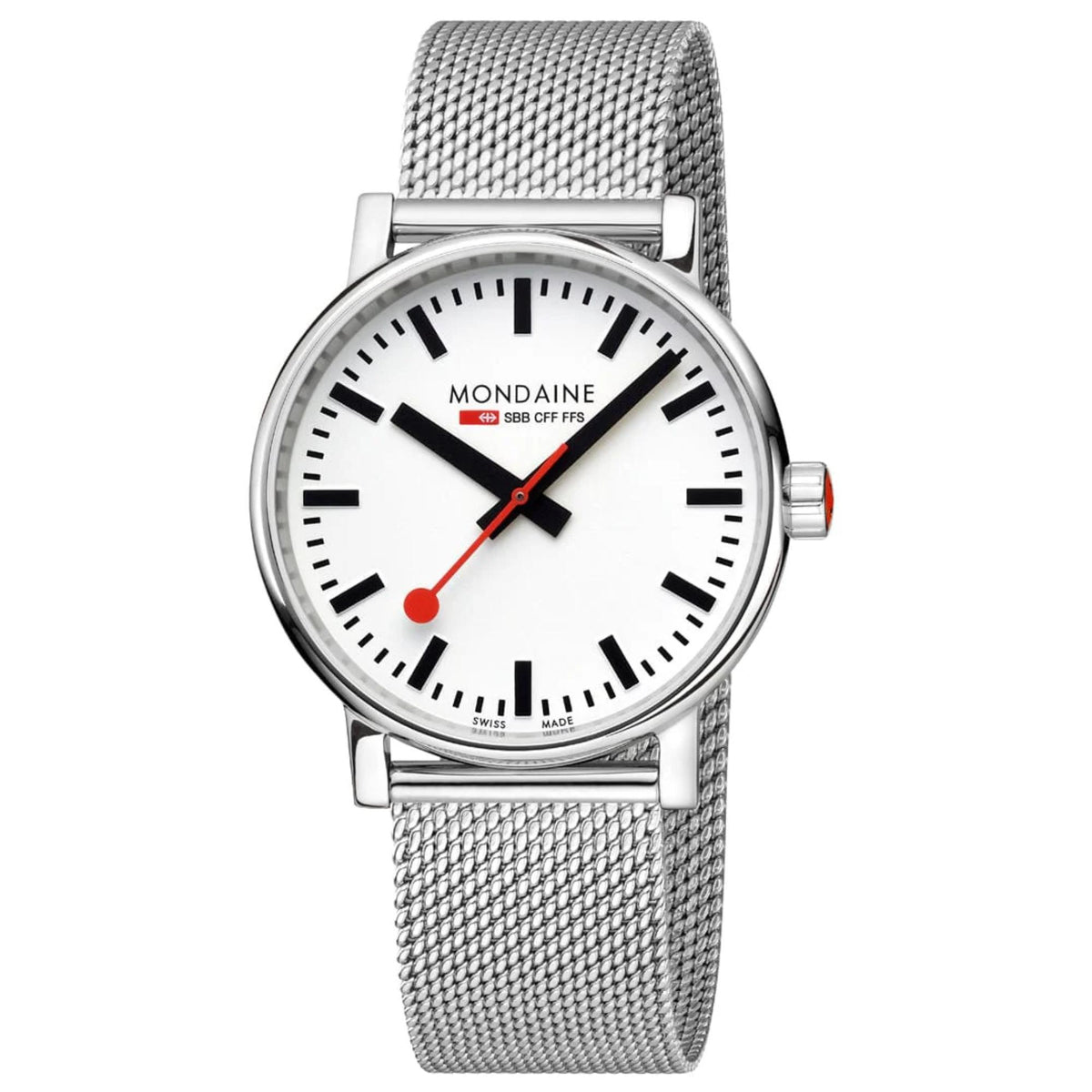 Mondaine Evo2 MSE.40110.SM quartz timepiece, angled front view displaying stainless steel mesh strap