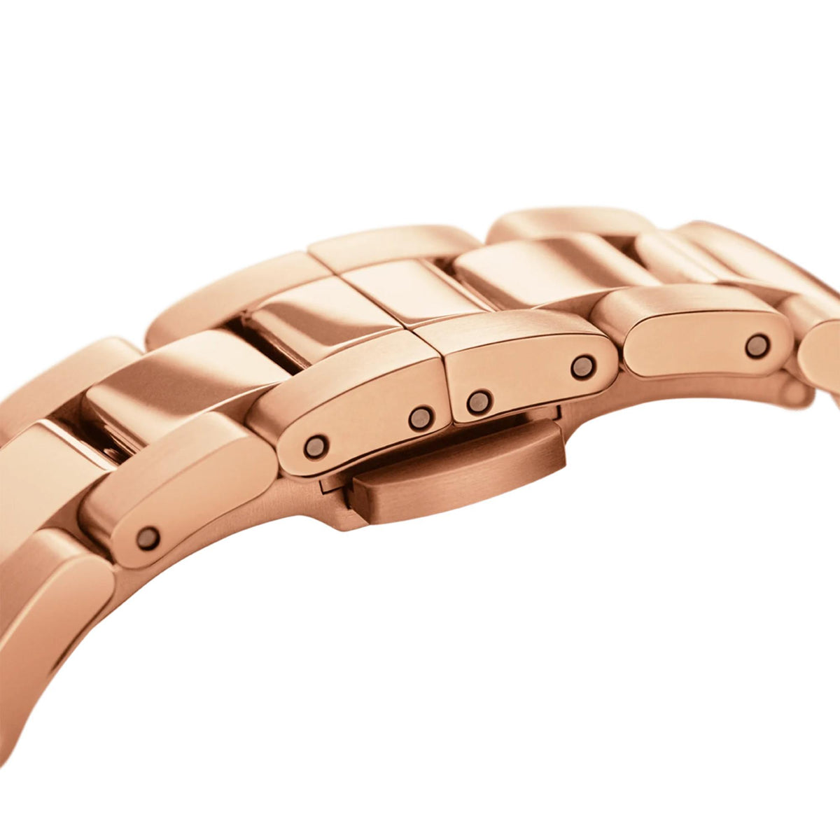 Rose gold tone metal link bracelet for a wristwatch, close-up of connected links