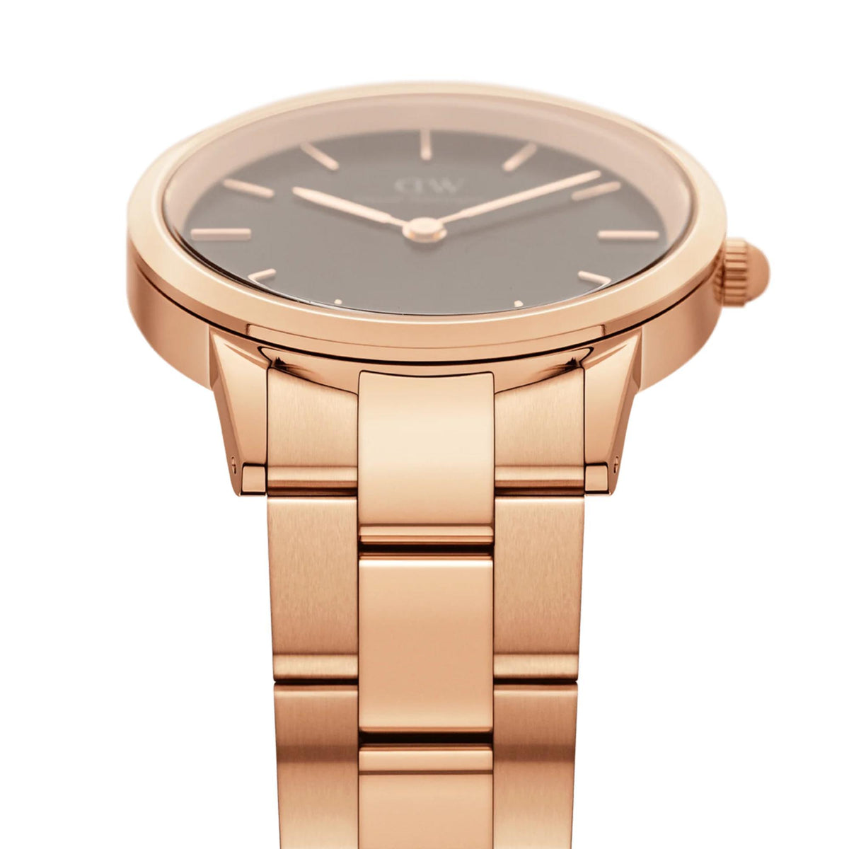 Rose gold tone steel wristwatch front view with black dial and slim hands