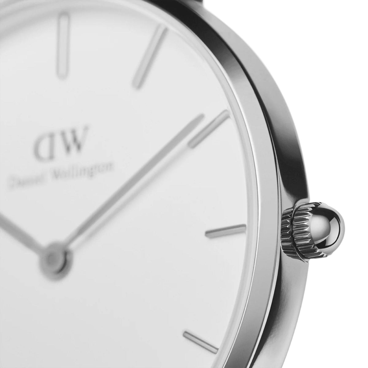 Daniel Wellington Petite DW00100220 stainless steel case side view and crown detail