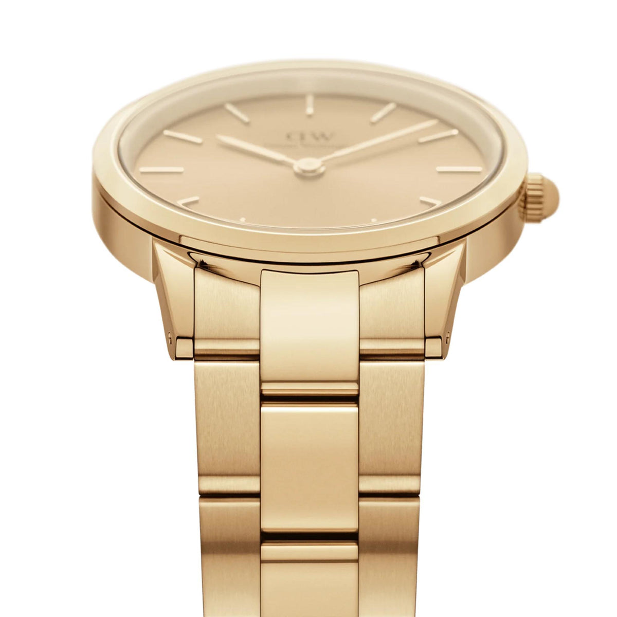 Round gold-tone watch case with beige dial and metal link bracelet
