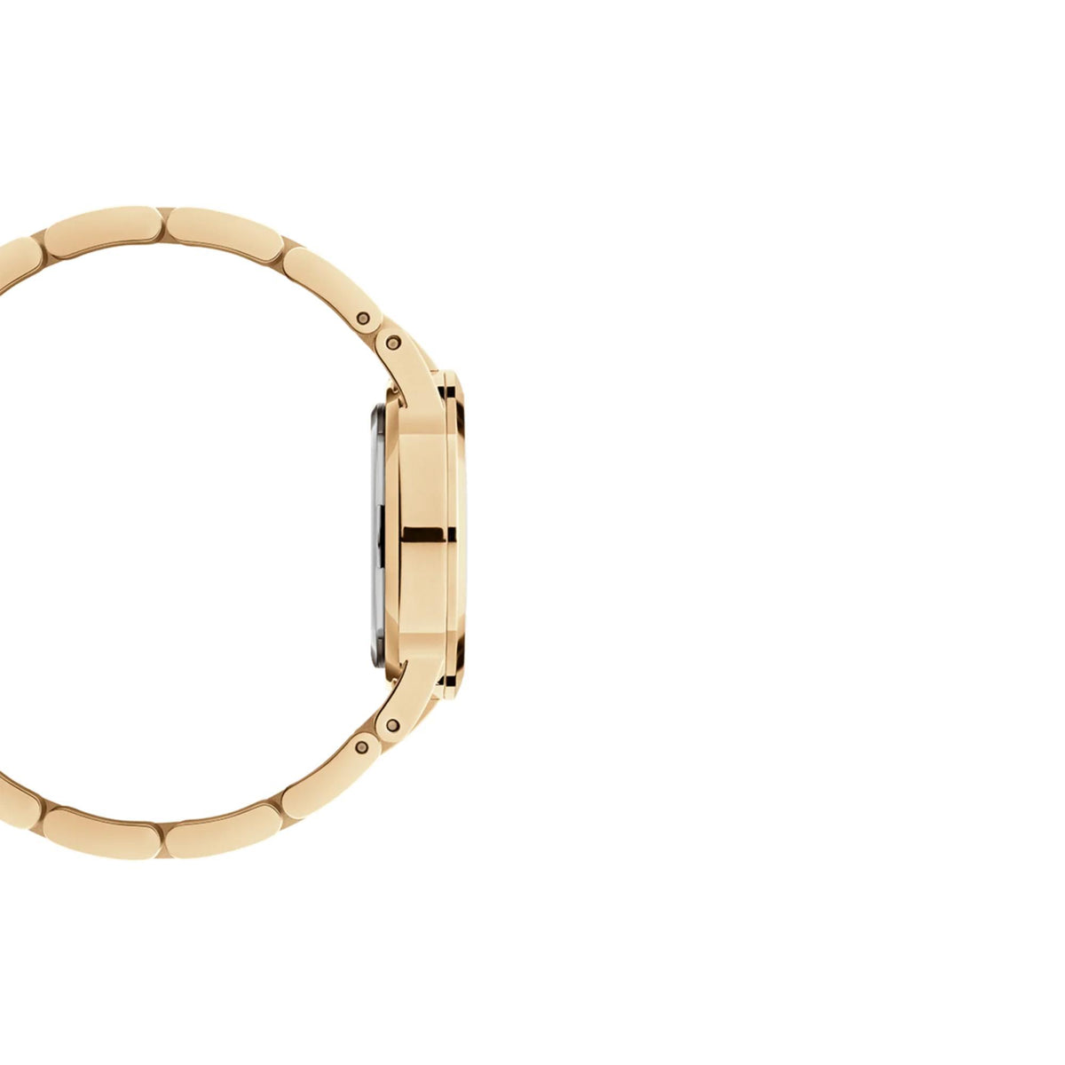 Gold-tone steel watch from the side with round case and link bracelet