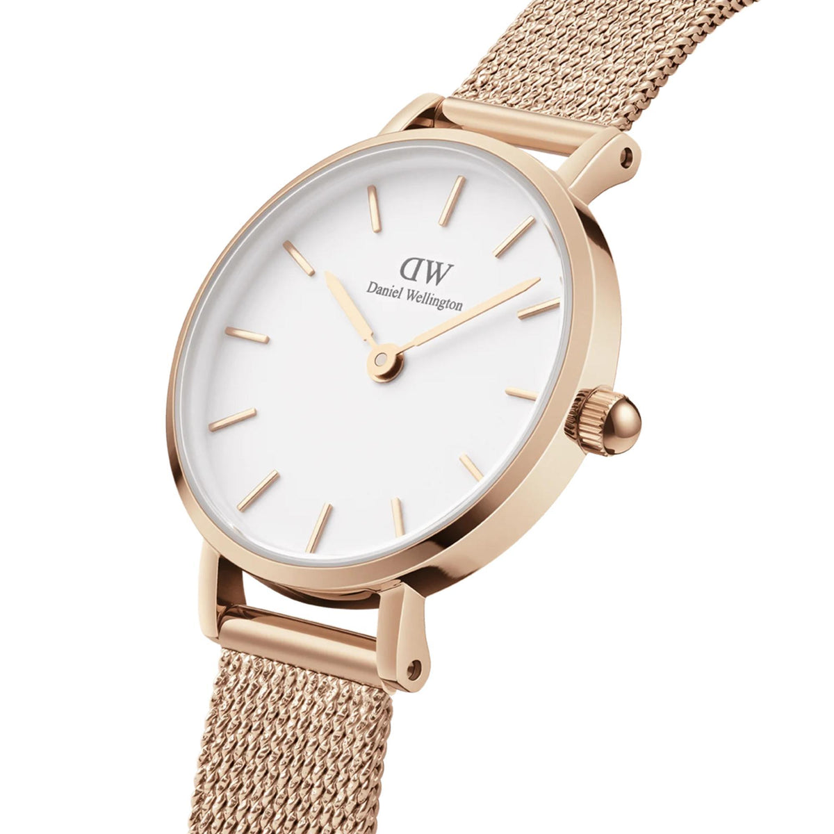 Rose gold case quartz watch with white dial, gold indices, and mesh bracelet