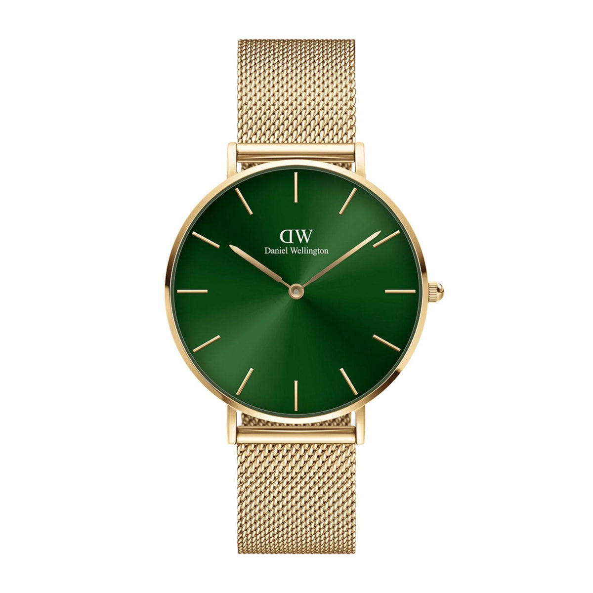 Gold-tone steel quartz watch with green dial and mesh bracelet, slim stick markers