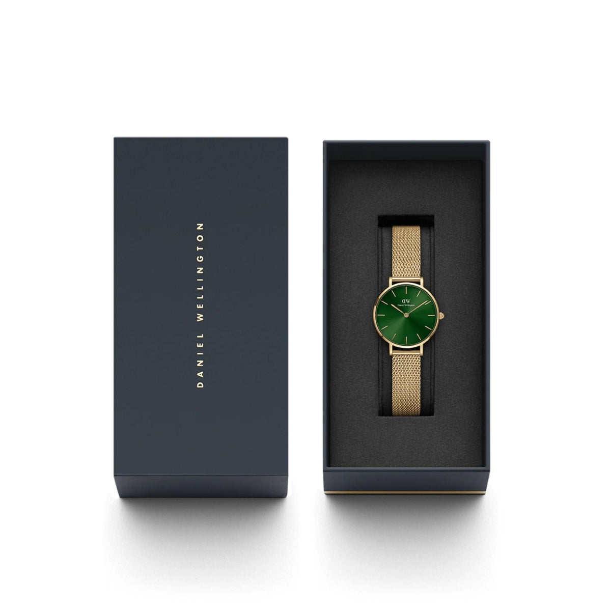 Watch gift box with Daniel Wellington logo and green dial quartz watch with mesh strap