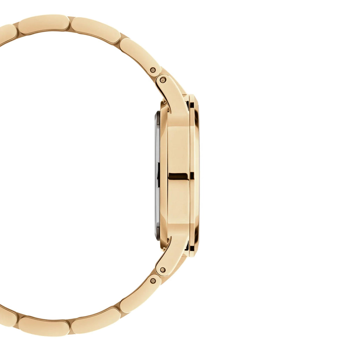 Gold-tone steel watch with metal links and crown, side profile view