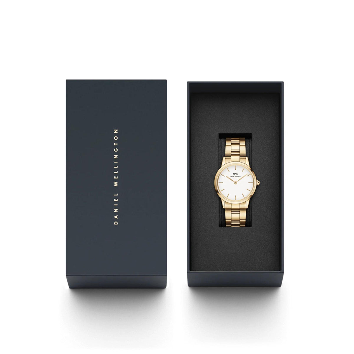 Gold-tone steel ladies quartz watch displayed in a black presentation box