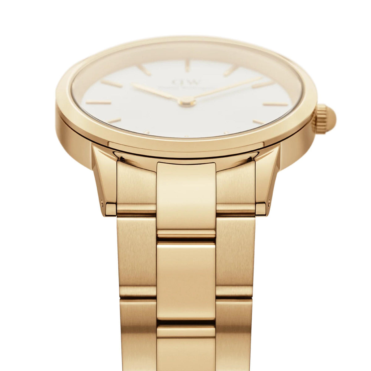 Gold-tone watch case with white dial and slim steel links bracelet, front view