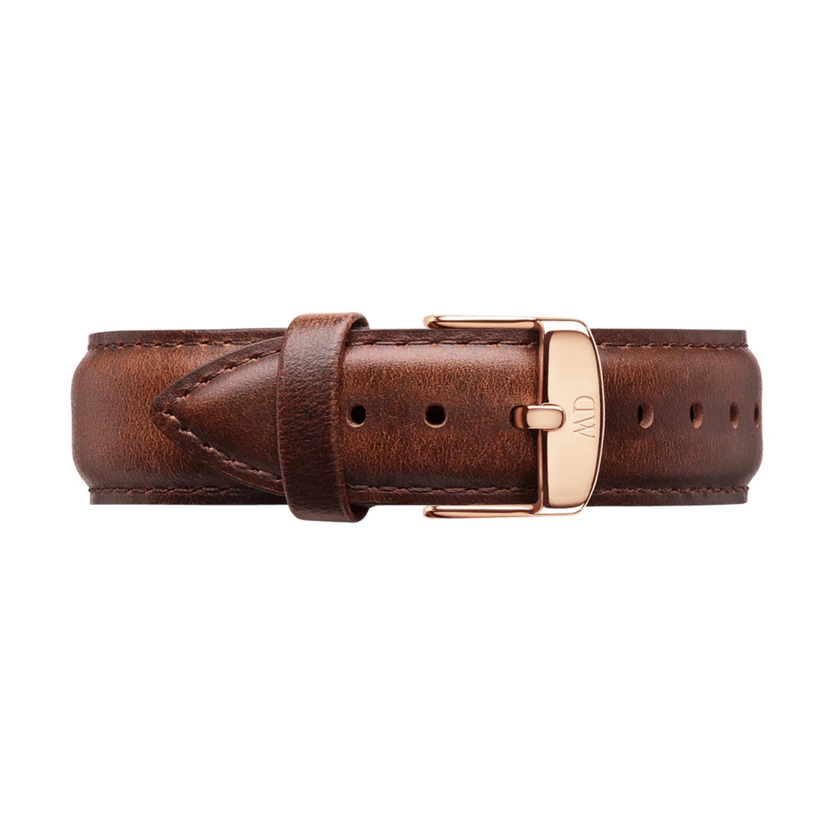 Brown leather watch strap with metal buckle and multiple adjustment holes