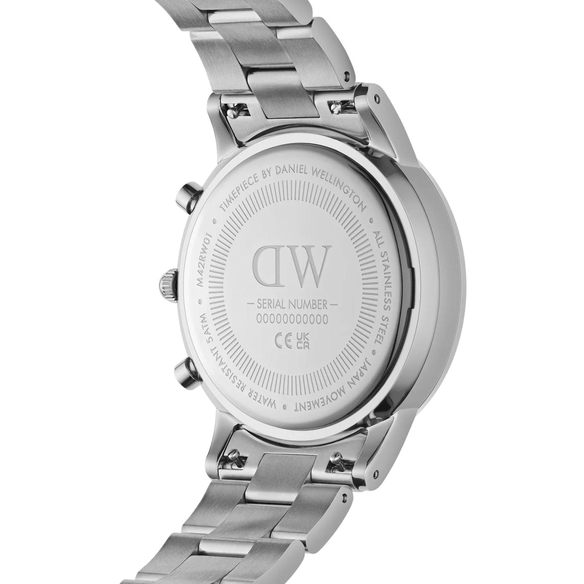 Steel case back of men's chronograph watch with engraved markings
