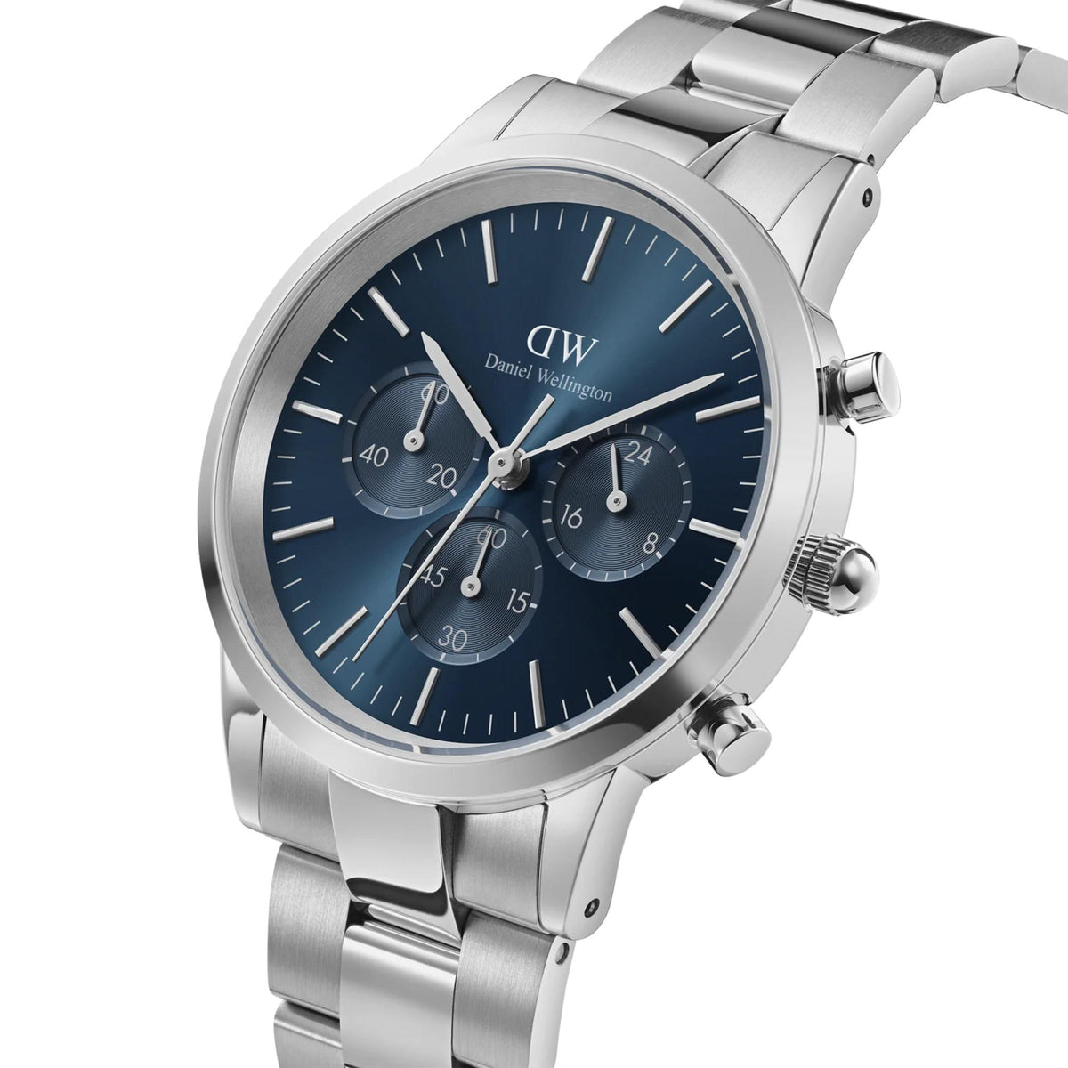 Men's steel chronograph watch with blue dial and chronograph pushers