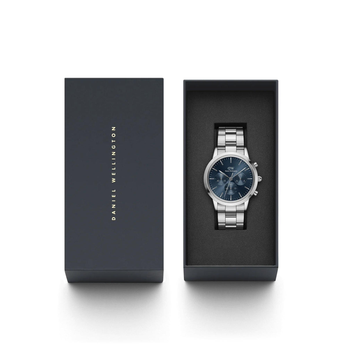 Men's blue-dial chronograph watch in a black presentation box