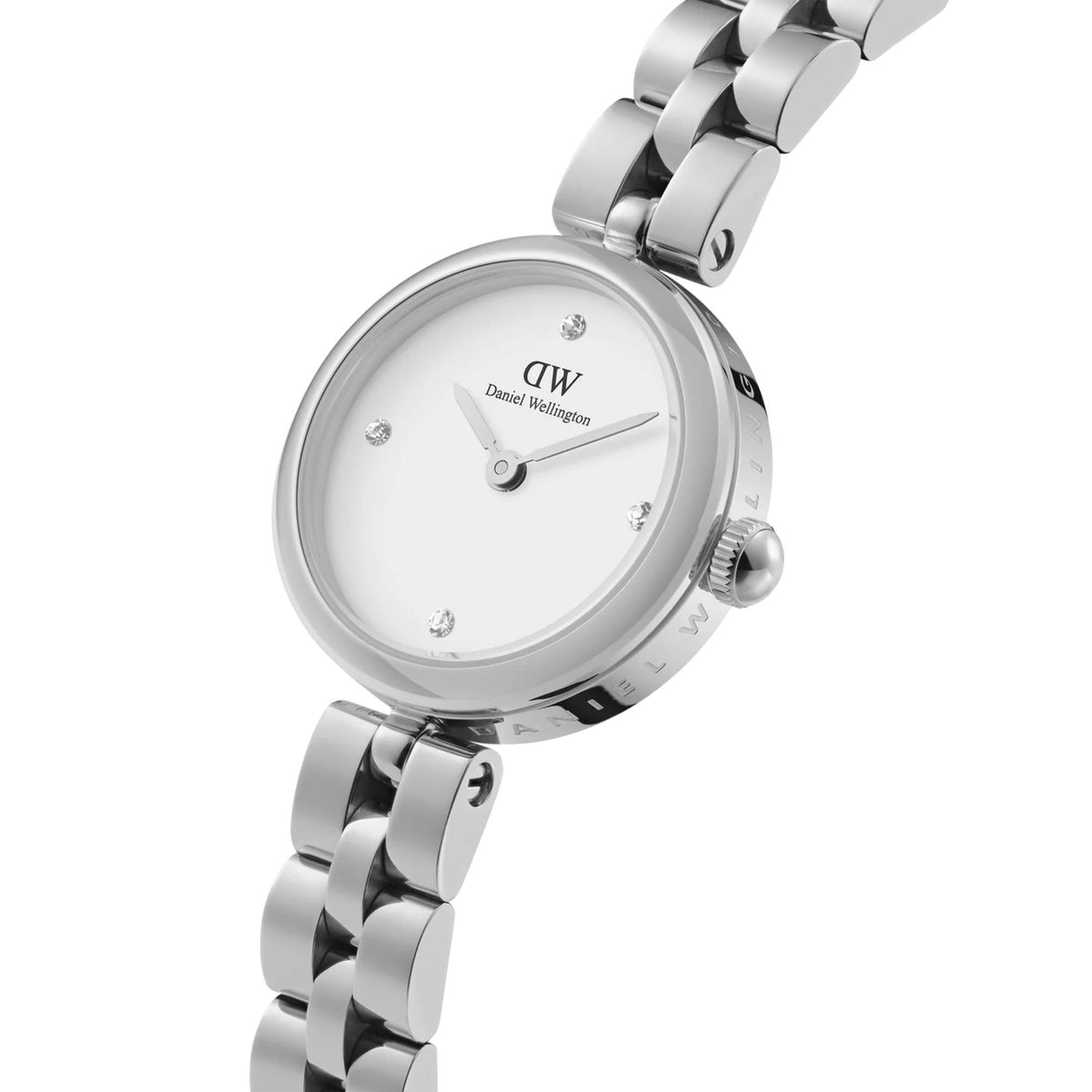 Round stainless steel quartz watch with white dial, crystal markers, crown