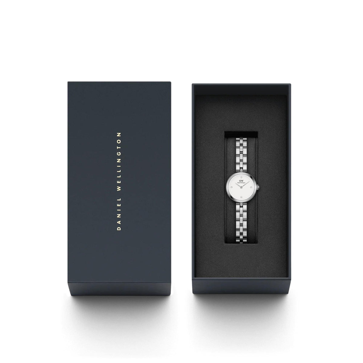 Daniel Wellington watch gift box with black insert and women’s watch inside