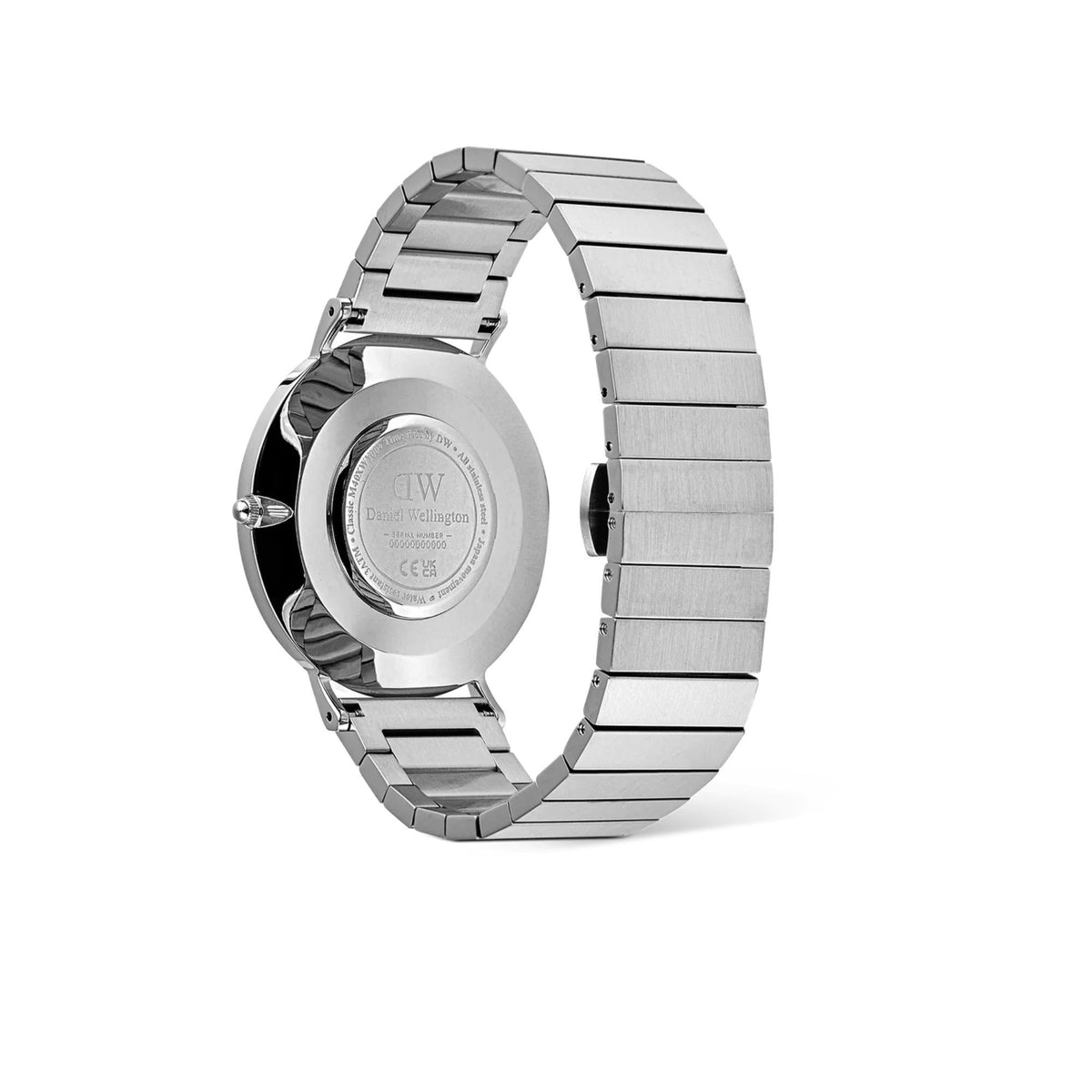 Daniel Wellington watch case back with blue dial and stainless steel bracelet links