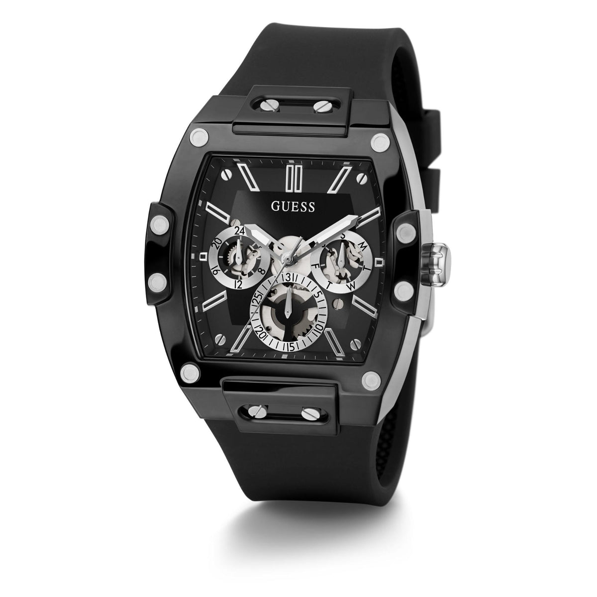 Men's multifunction watch with black dial, subdials, and black silicone strap
