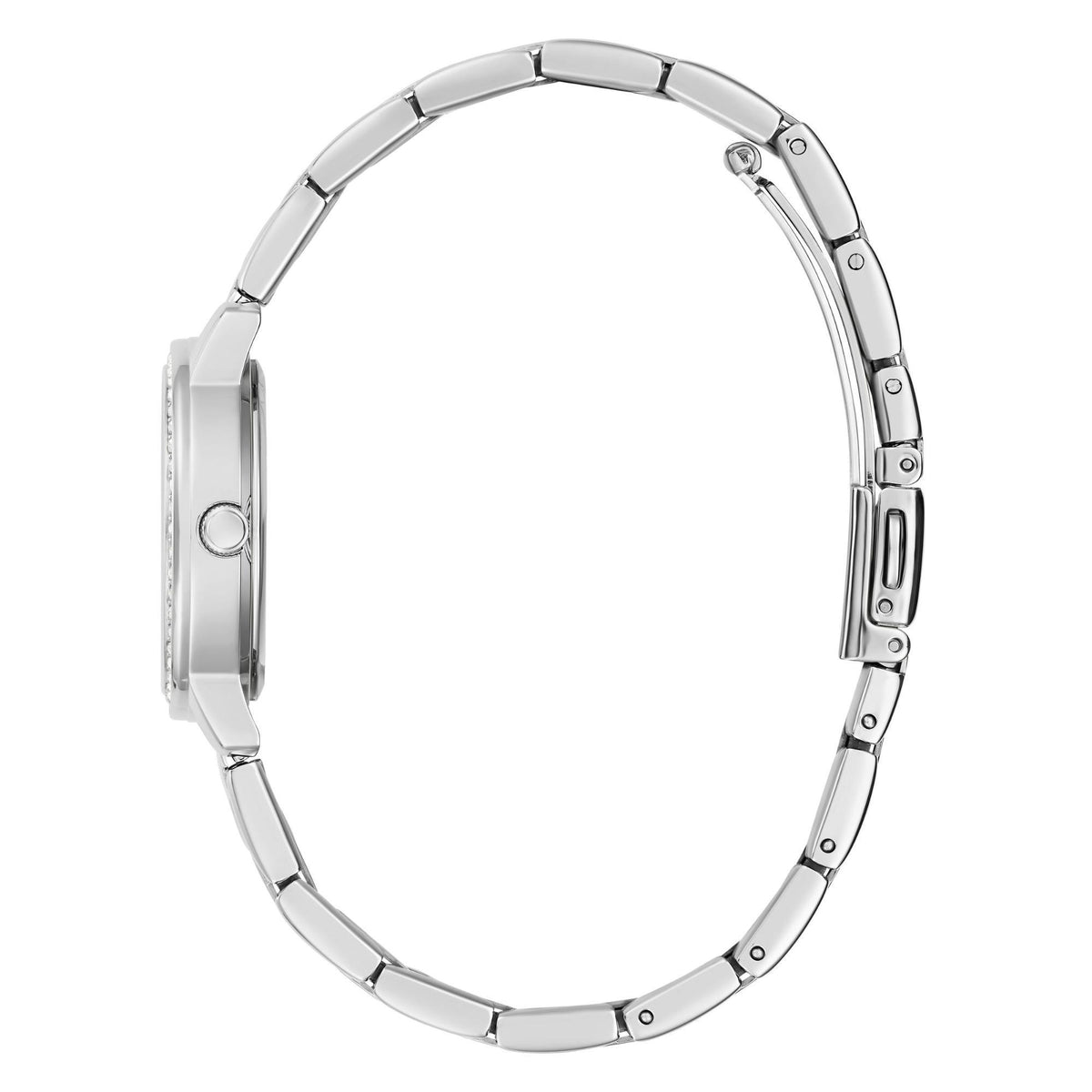 Ladies silver-tone stainless steel watch band, side view of the round case and links.