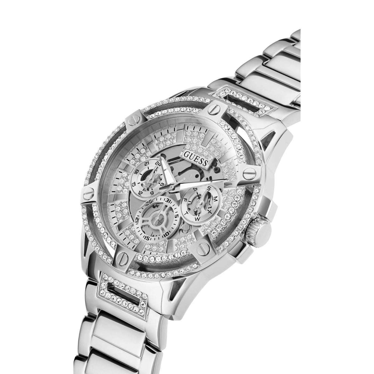 Silver multifunction watch with crystal bezel and subdials, angled close-up