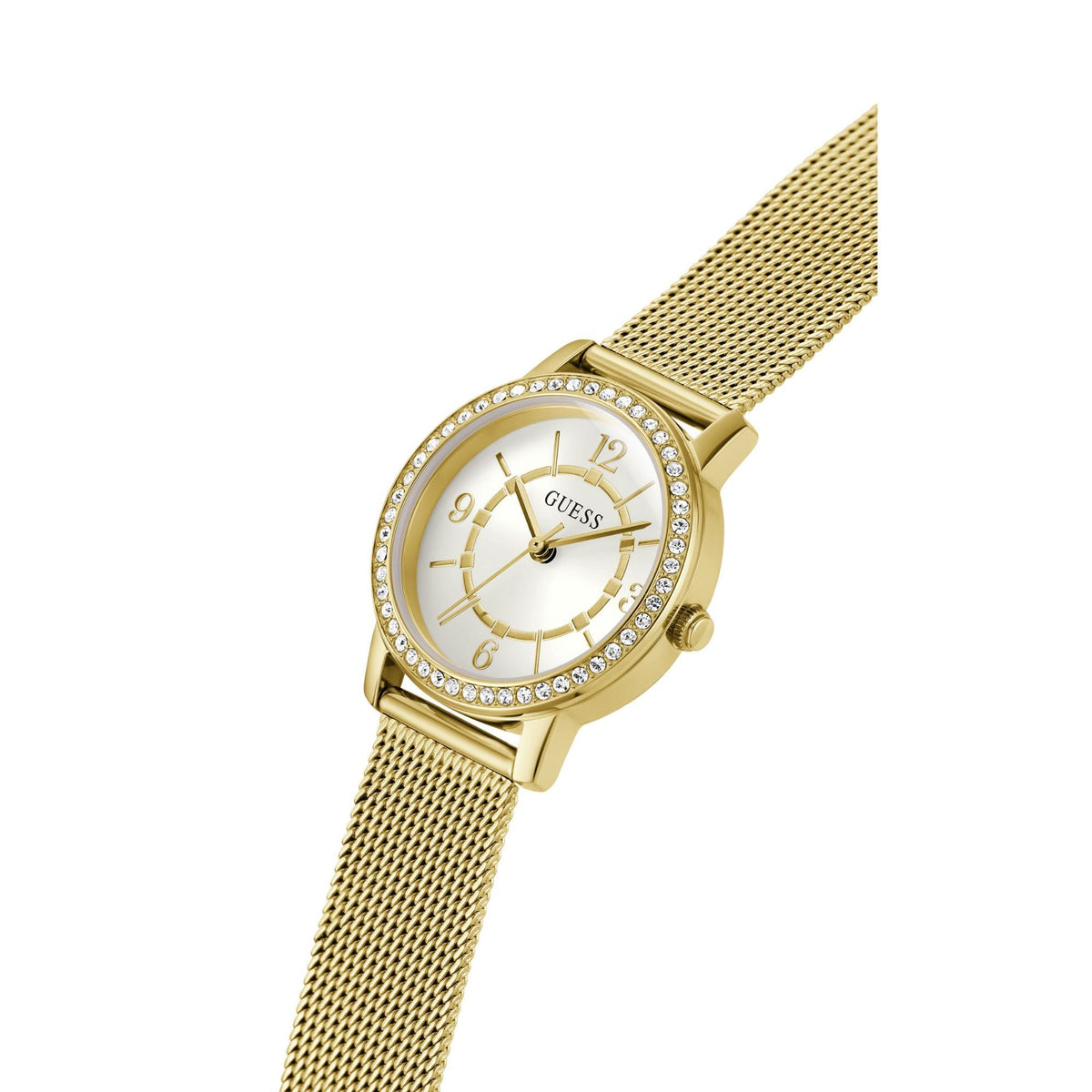 Womens analog watch side view, gold case, gold mesh strap, white dial